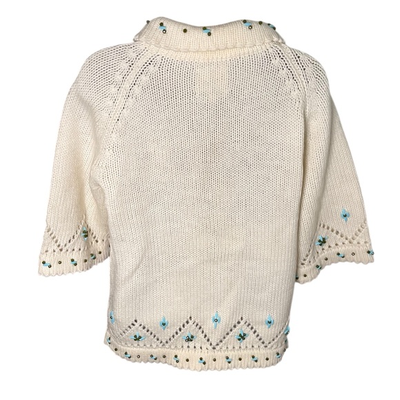 Vintage 60s Tarni Wool Knit Sweater Beaded Floral Eyelet Trim Cream 38 - Picture 2 of 5